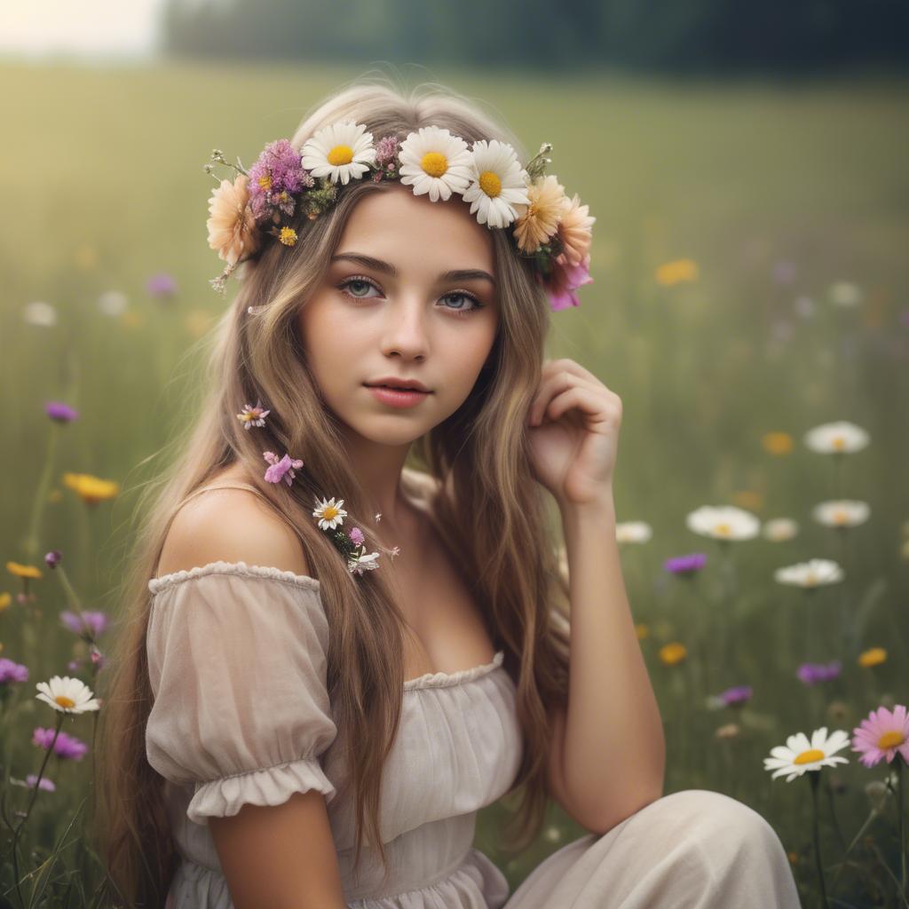 A stunning image of dreamy girl with flowers in her hair in a meadow.