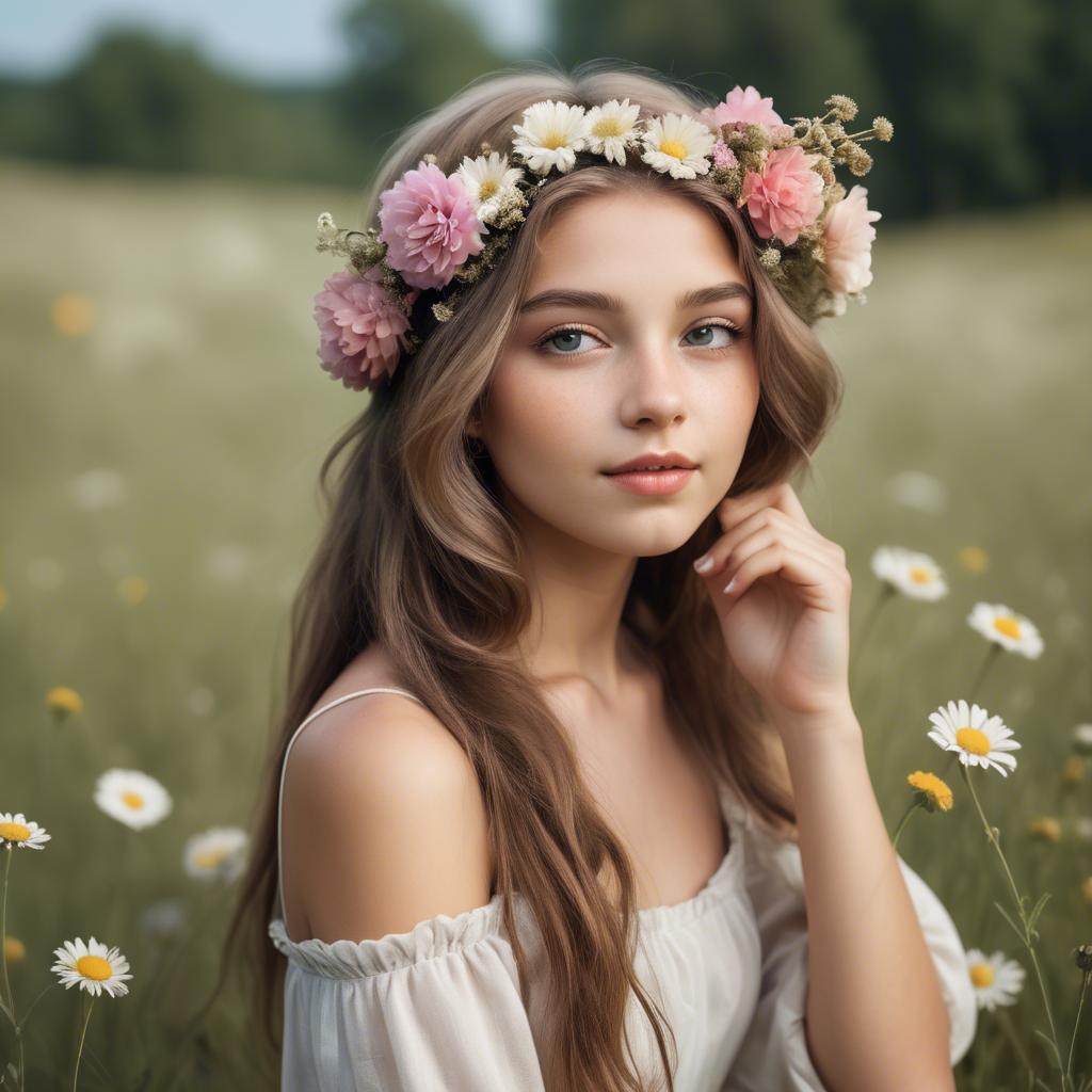 A stunning image of dreamy girl with flowers in her hair in a meadow.