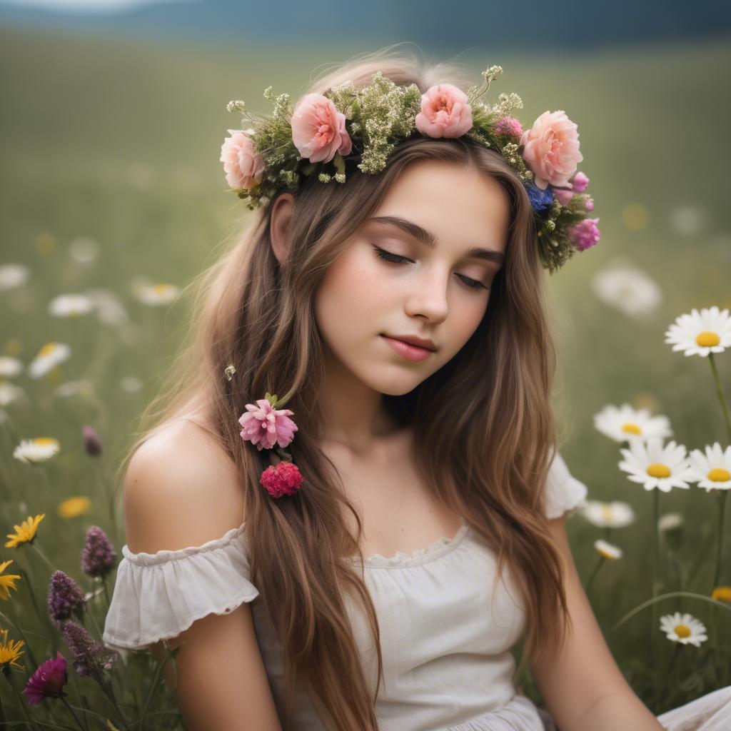 A stunning image of dreamy girl with flowers in her hair in a meadow.