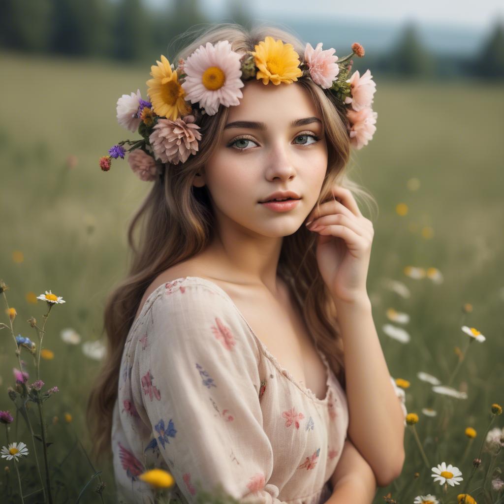 A stunning image of dreamy girl with flowers in her hair in a meadow.