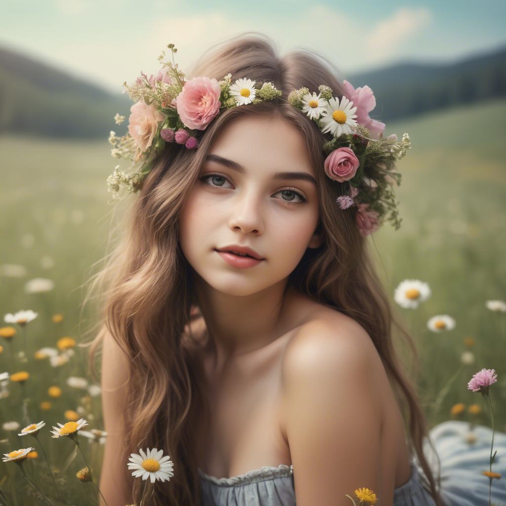 A stunning image of dreamy girl with flowers in her hair in a meadow.