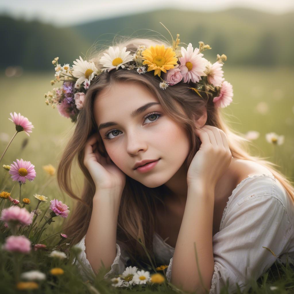 A stunning image of dreamy girl with flowers in her hair in a meadow.