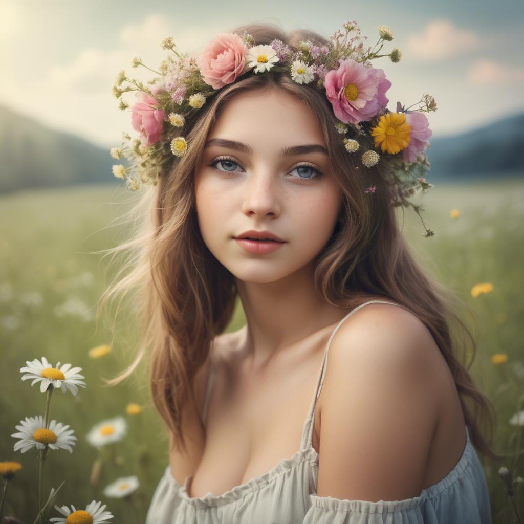 A stunning image of dreamy girl with flowers in her hair in a meadow.