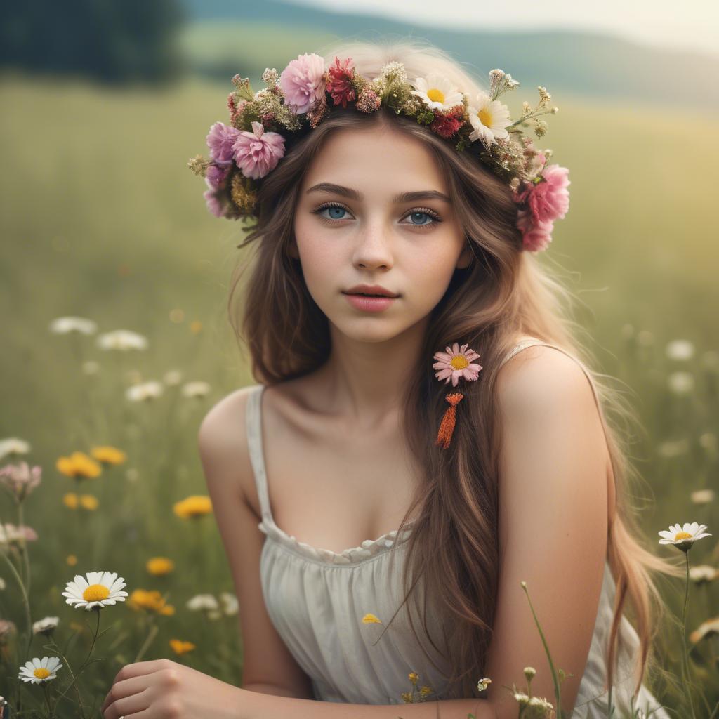 A stunning image of dreamy girl with flowers in her hair in a meadow.