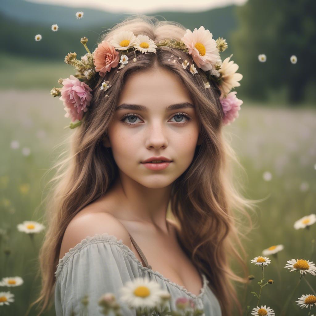 A stunning image of dreamy girl with flowers in her hair in a meadow.