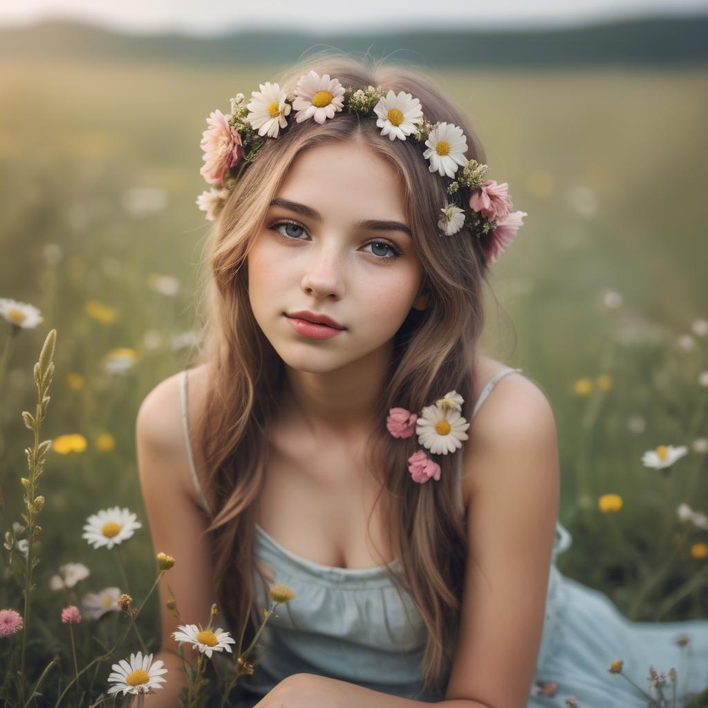A stunning image of dreamy girl with flowers in her hair in a meadow.