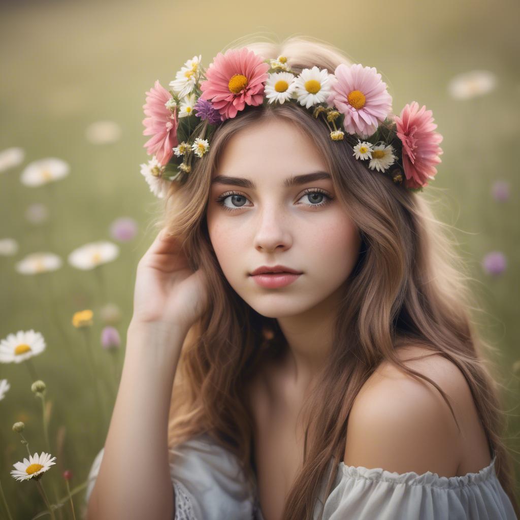 A stunning image of dreamy girl with flowers in her hair in a meadow.