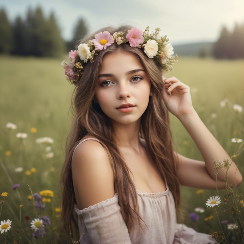 A stunning image of dreamy girl with flowers in her hair in a meadow.