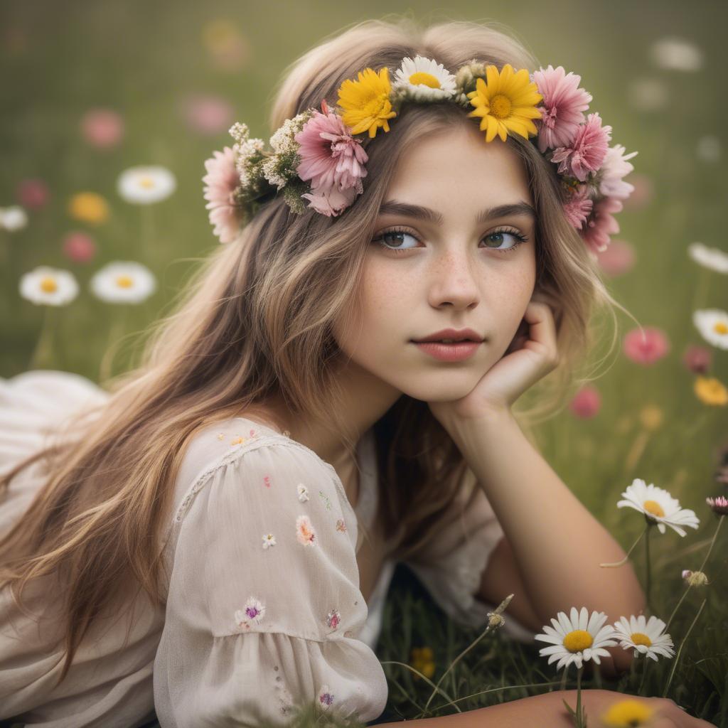 A stunning image of dreamy girl with flowers in her hair in a meadow.