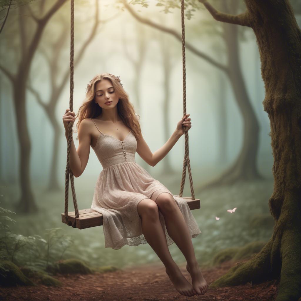 A stunning image of dreamy woman on a swing in a magical forest.