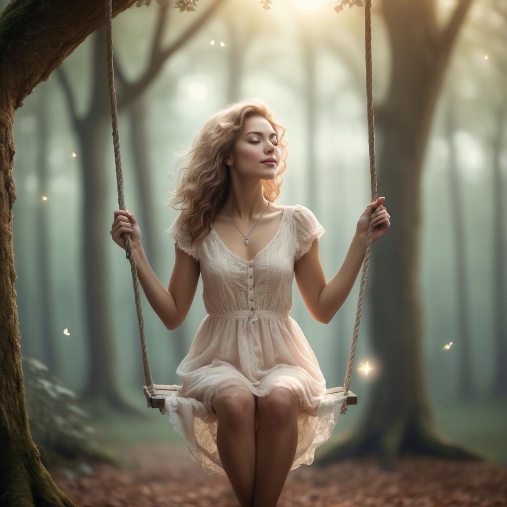 A stunning image of dreamy woman on a swing in a magical forest.