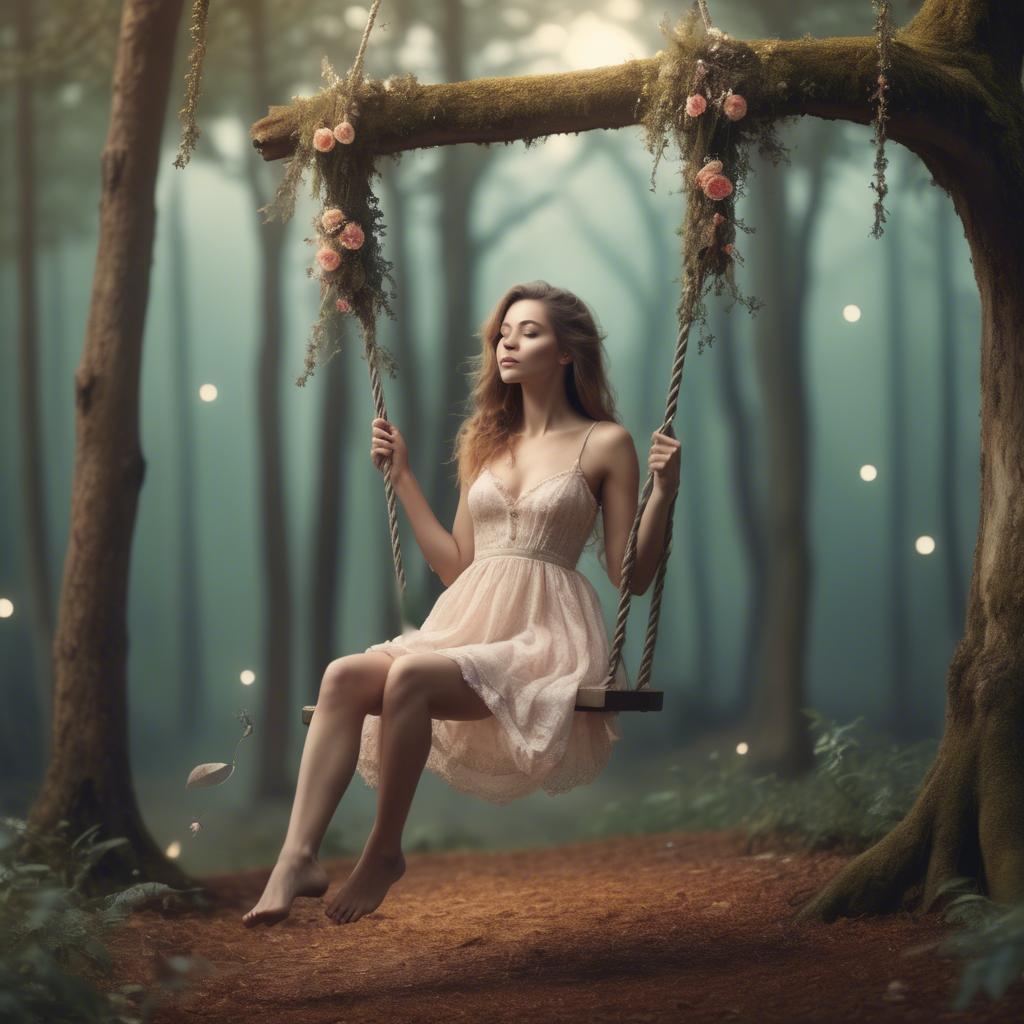 A stunning image of dreamy woman on a swing in a magical forest.