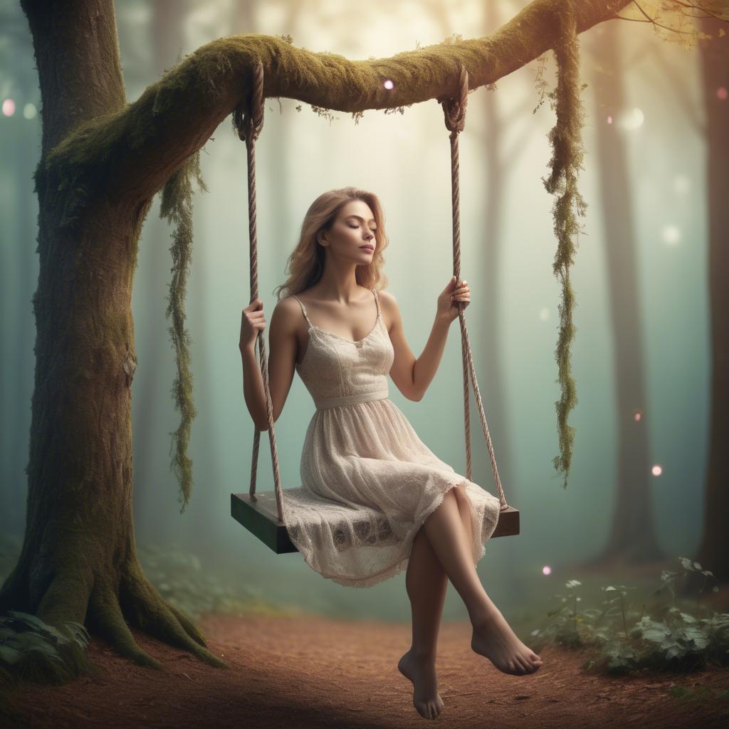 A stunning image of dreamy woman on a swing in a magical forest.
