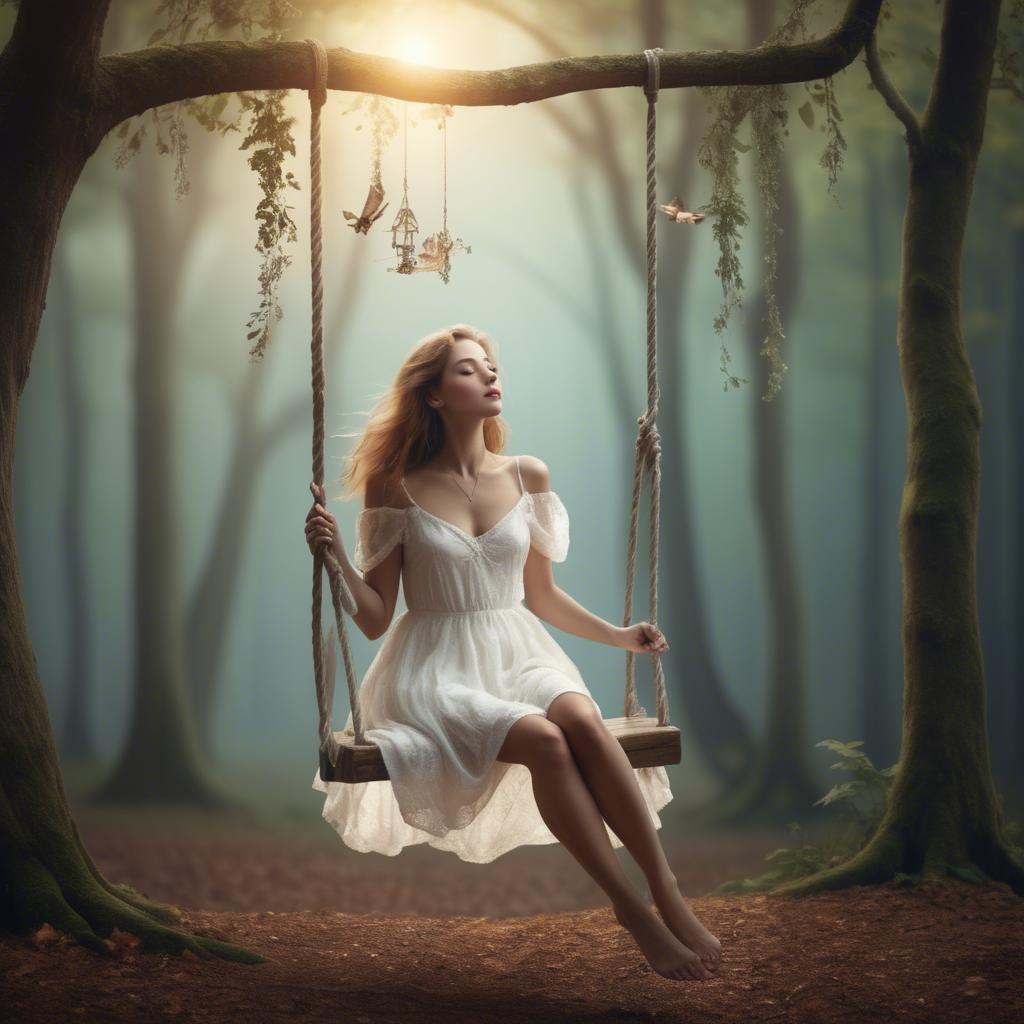 A stunning image of dreamy woman on a swing in a magical forest.