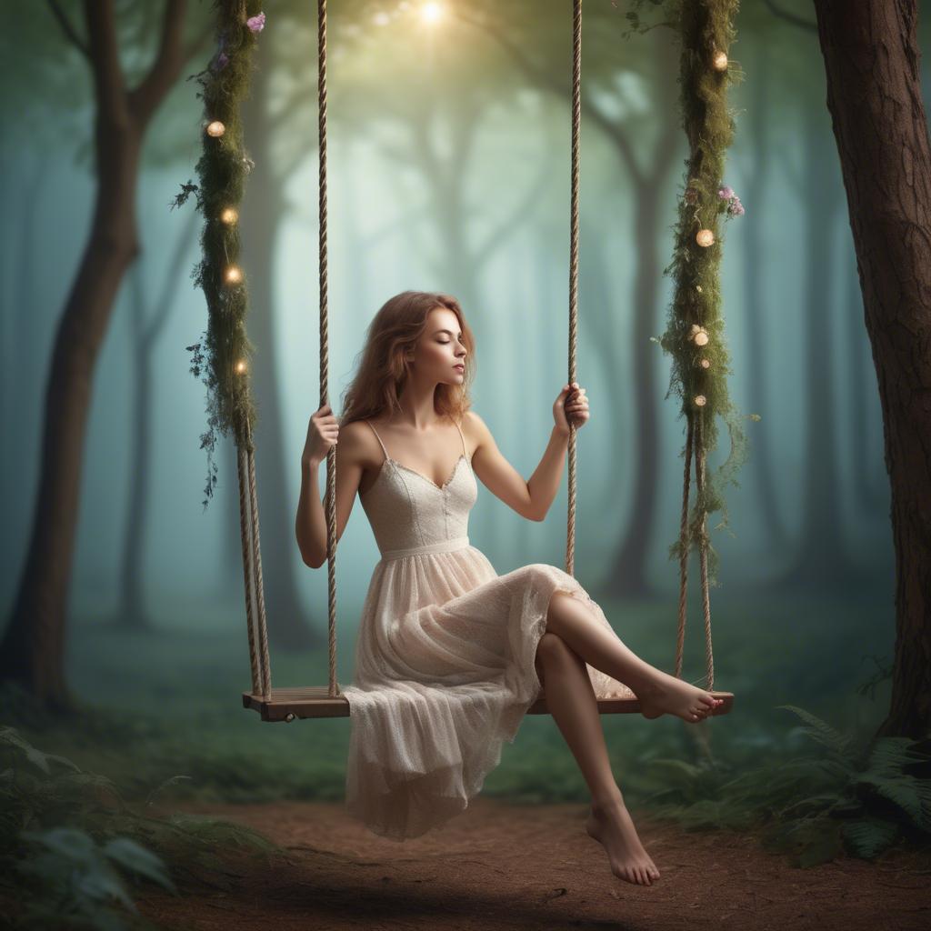A stunning image of dreamy woman on a swing in a magical forest.