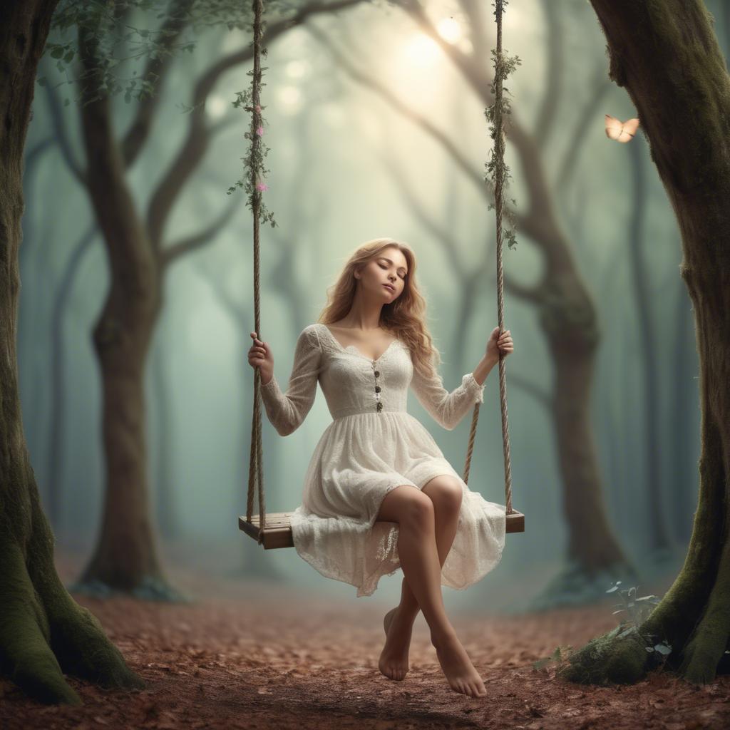 A stunning image of dreamy woman on a swing in a magical forest.
