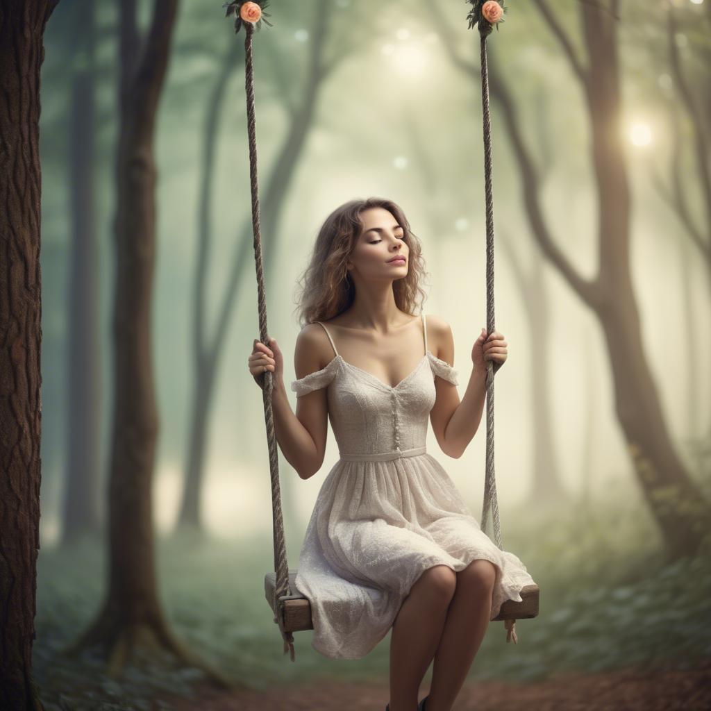 A stunning image of dreamy woman on a swing in a magical forest.