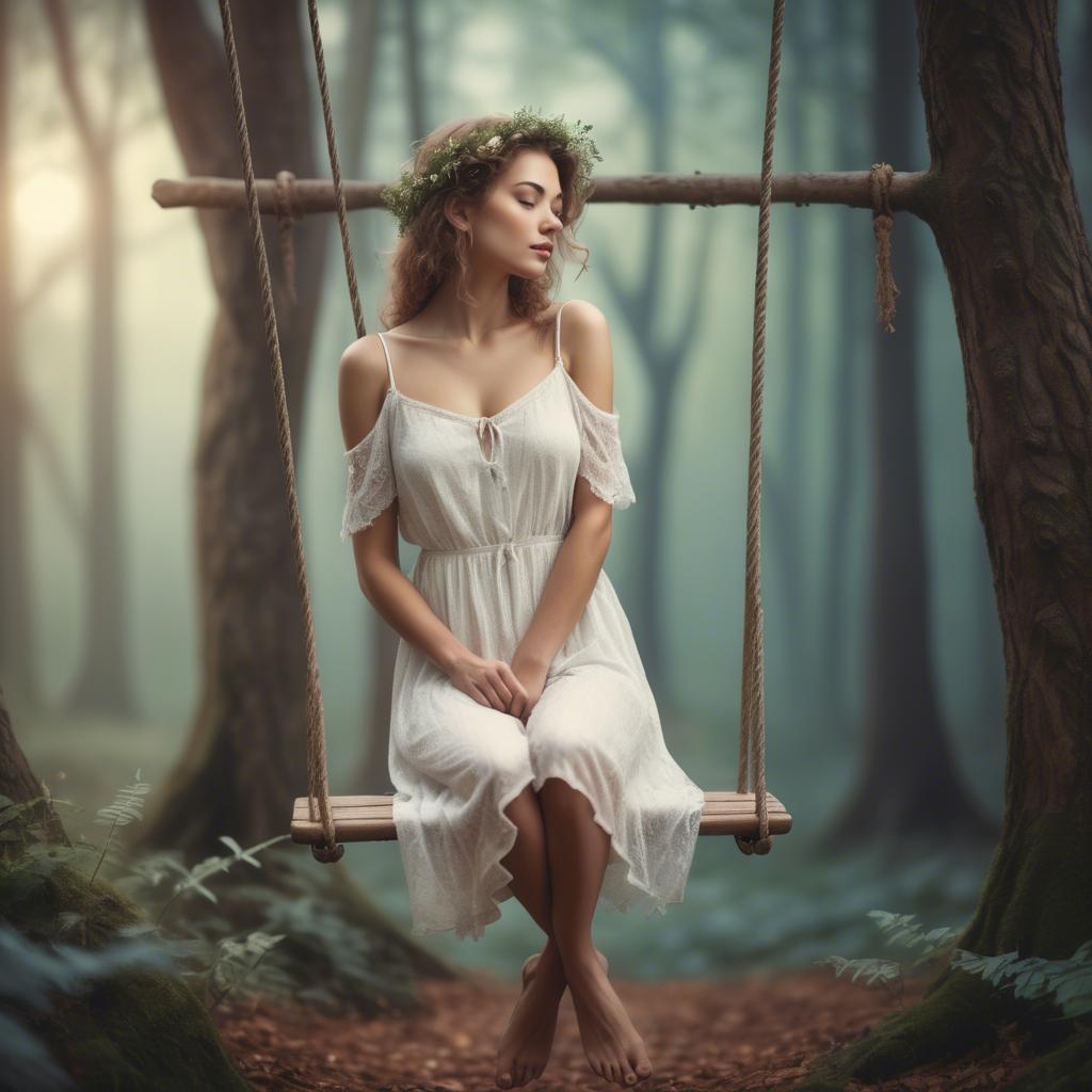 A stunning image of dreamy woman on a swing in a magical forest.