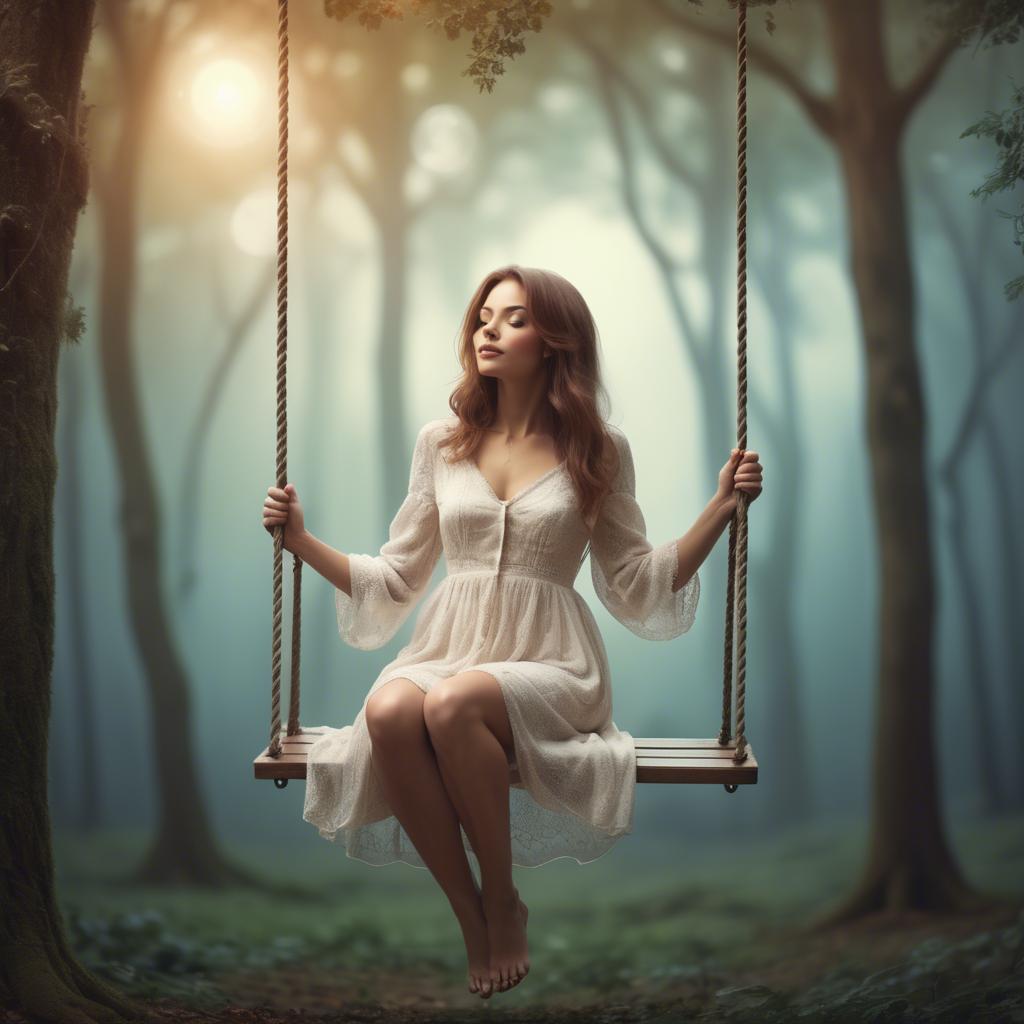 A stunning image of dreamy woman on a swing in a magical forest.