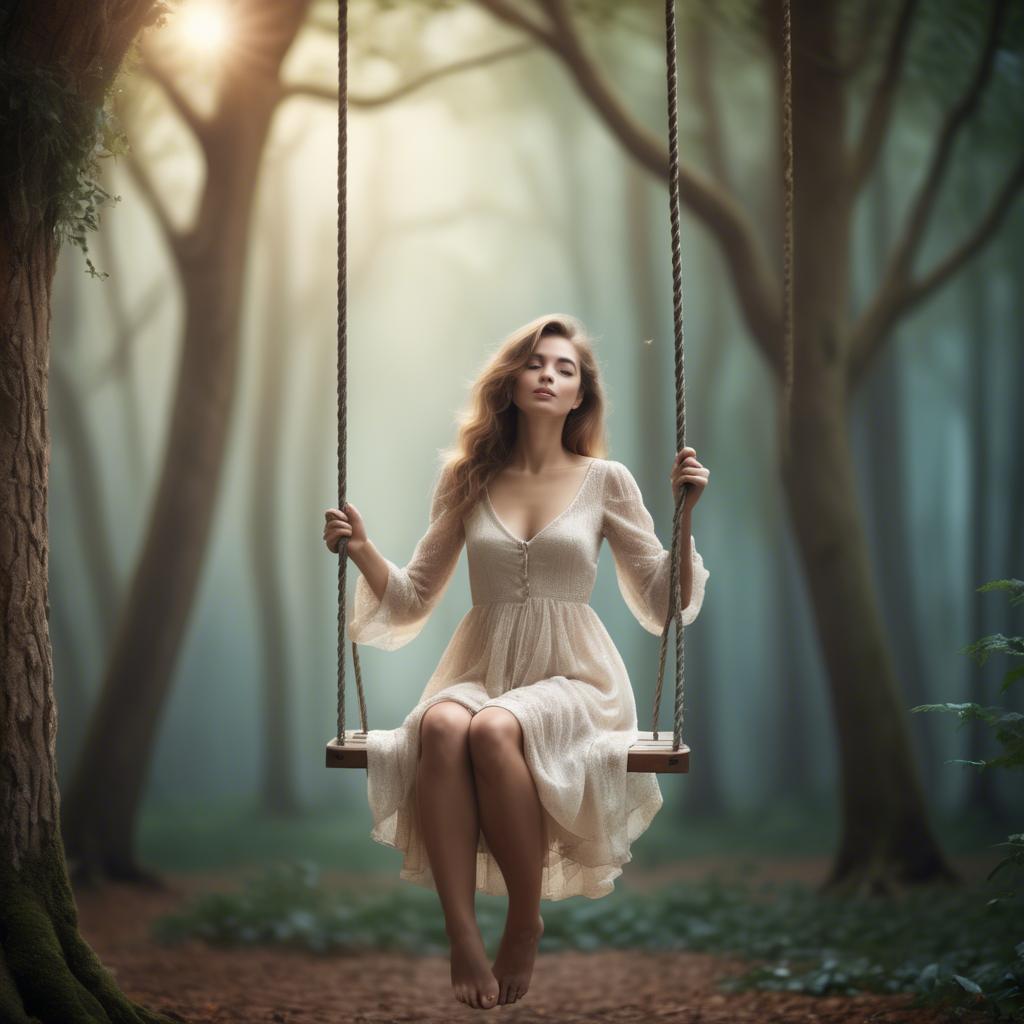 A stunning image of dreamy woman on a swing in a magical forest.