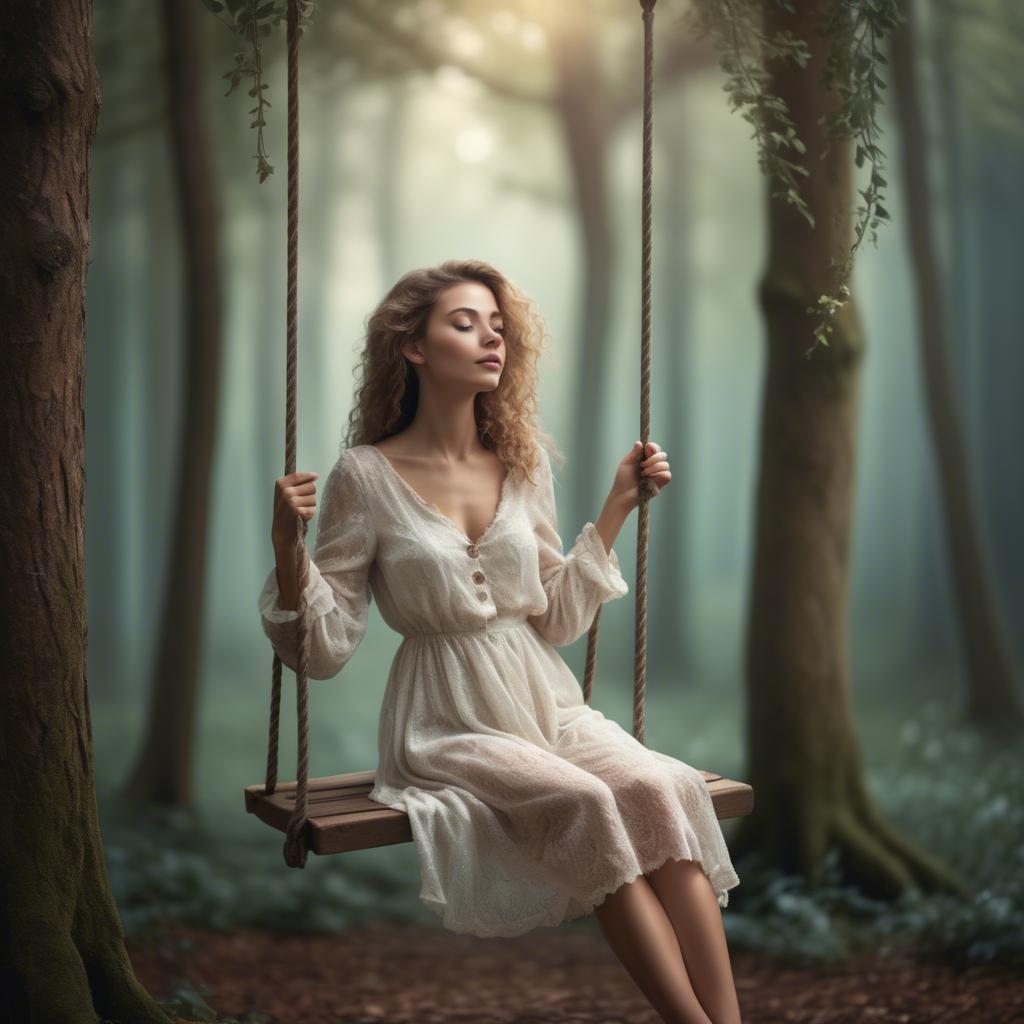 A stunning image of dreamy woman on a swing in a magical forest.