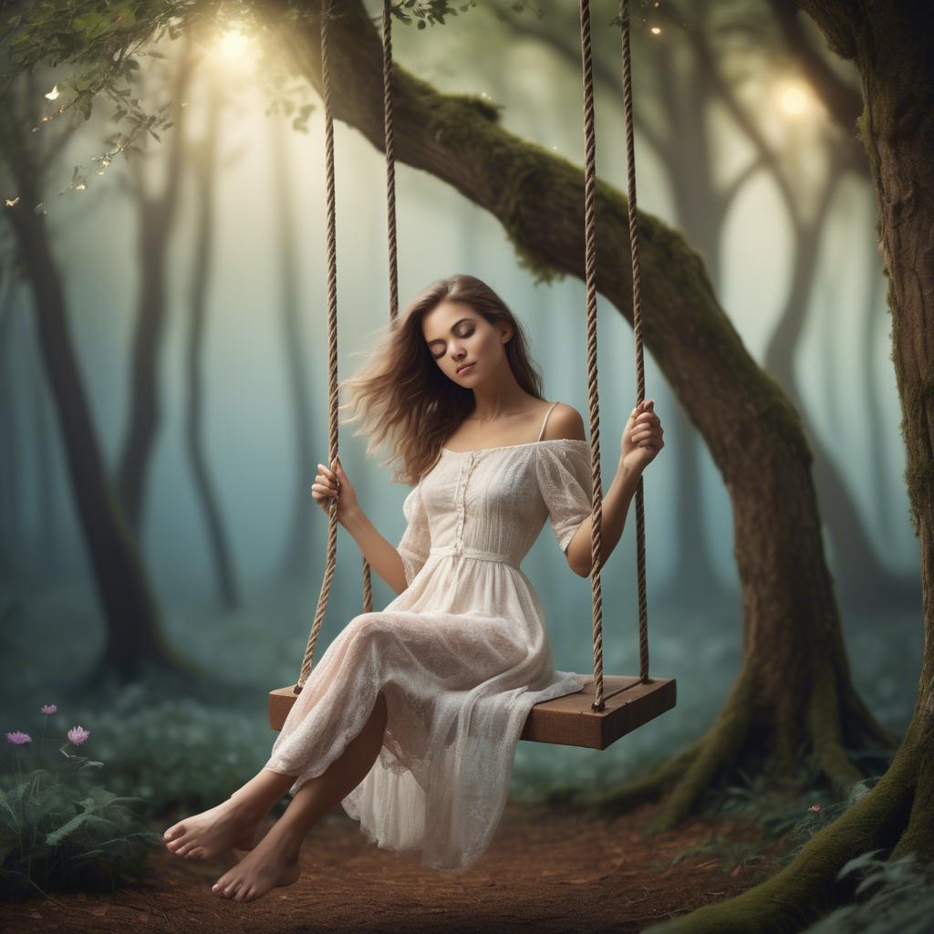 A stunning image of dreamy woman on a swing in a magical forest.