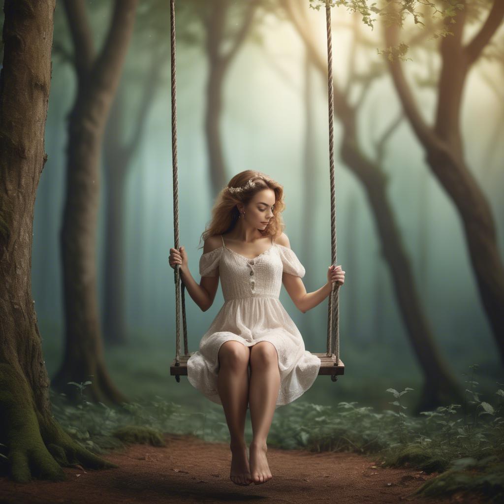 A stunning image of dreamy woman on a swing in a magical forest.