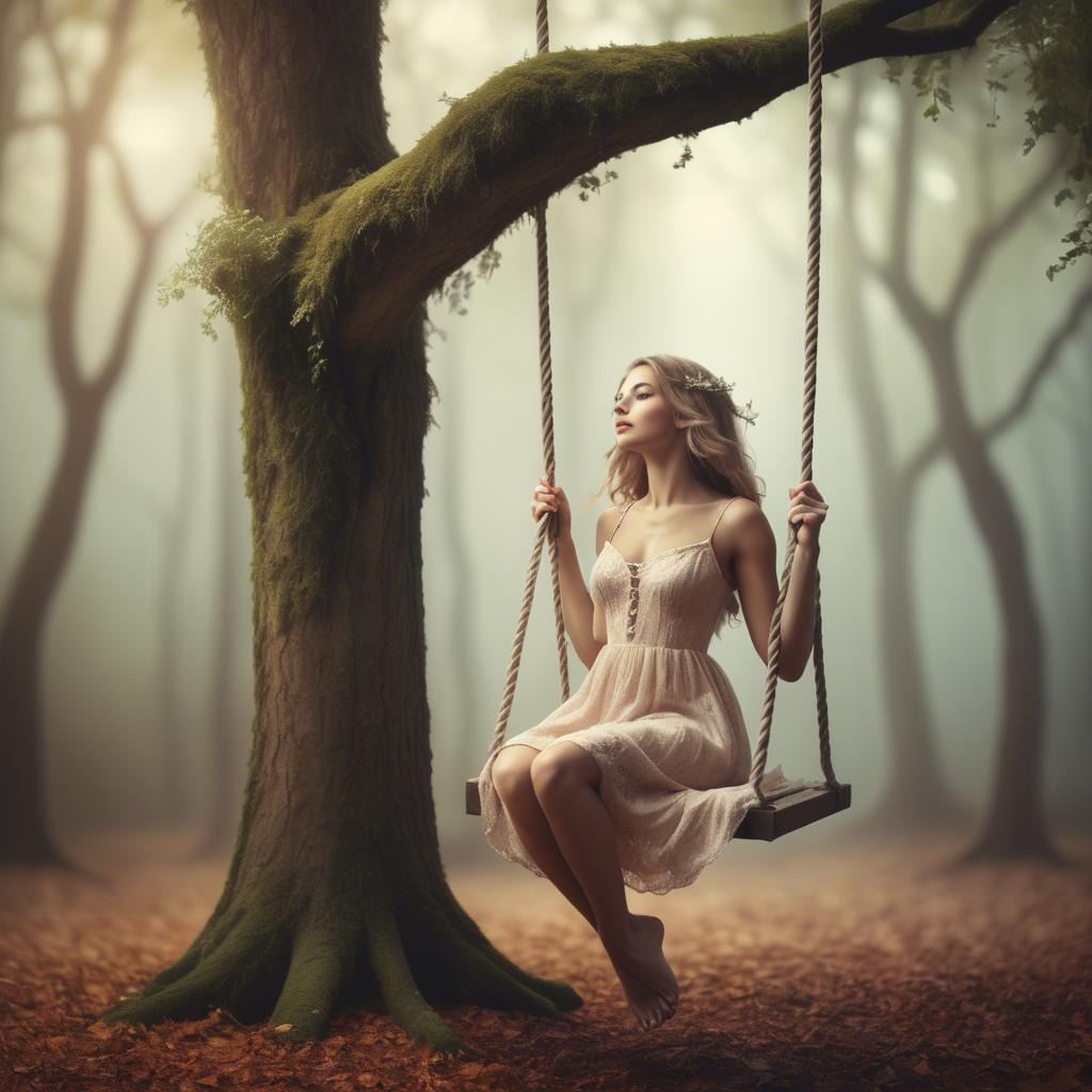 A stunning image of dreamy woman on a swing in a magical forest.