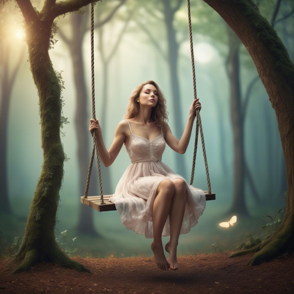 A stunning image of dreamy woman on a swing in a magical forest.