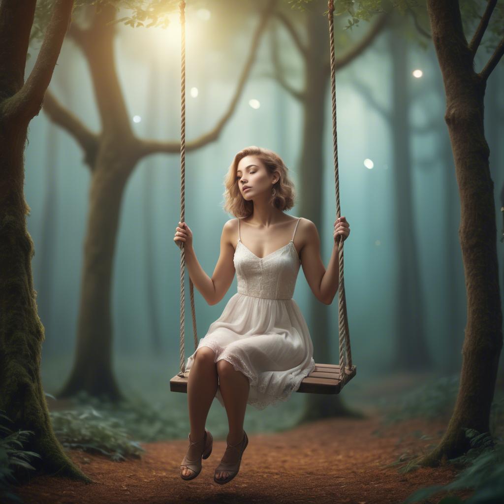 A stunning image of dreamy woman on a swing in a magical forest.