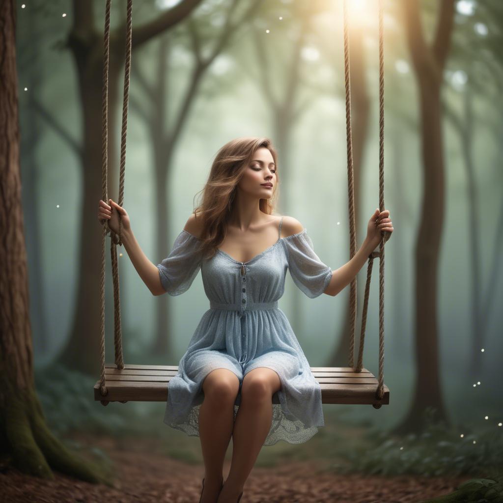 A stunning image of dreamy woman on a swing in a magical forest.