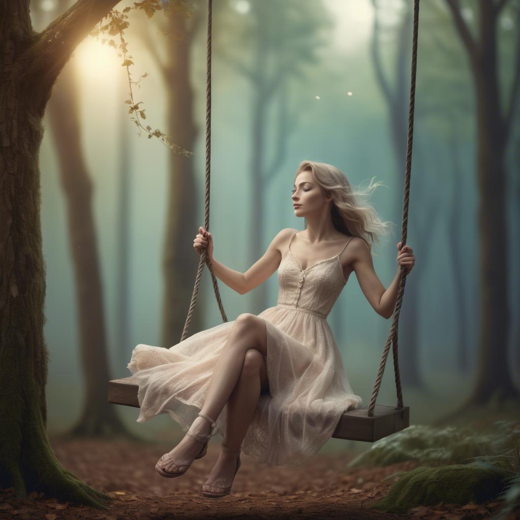 A stunning image of dreamy woman on a swing in a magical forest.