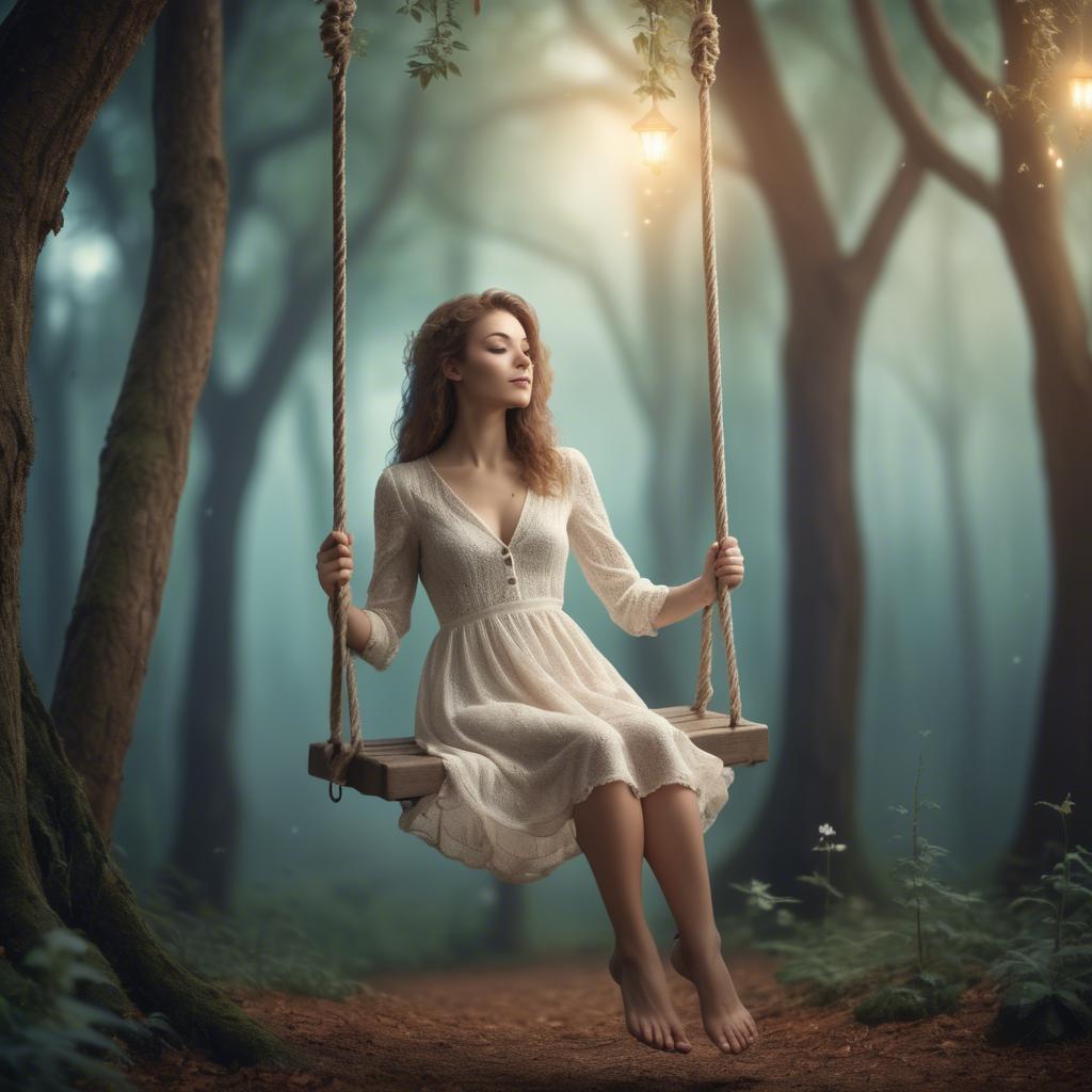 A stunning image of dreamy woman on a swing in a magical forest.