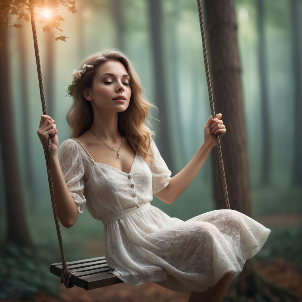 A stunning image of dreamy woman on a swing in a magical forest.