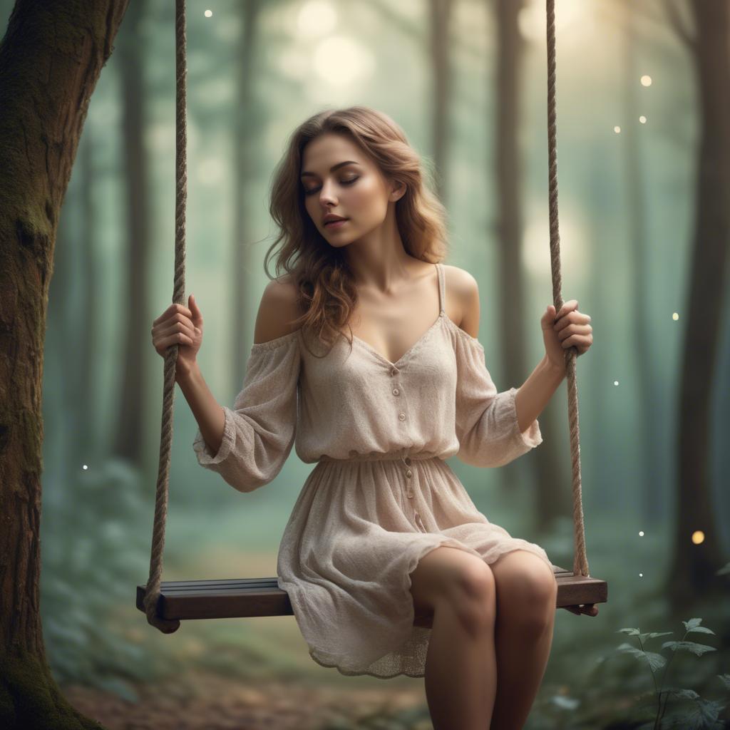 A stunning image of dreamy woman on a swing in a magical forest.
