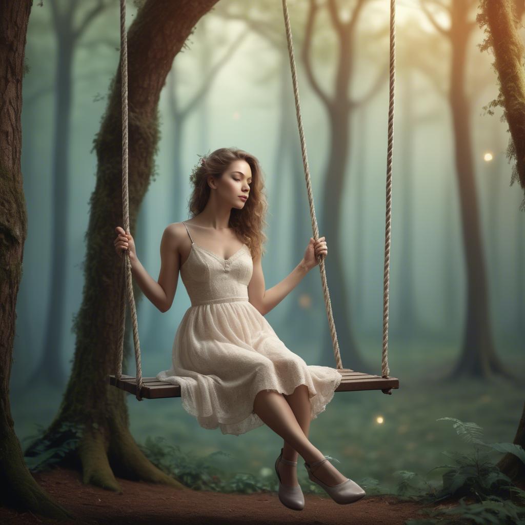 A stunning image of dreamy woman on a swing in a magical forest.