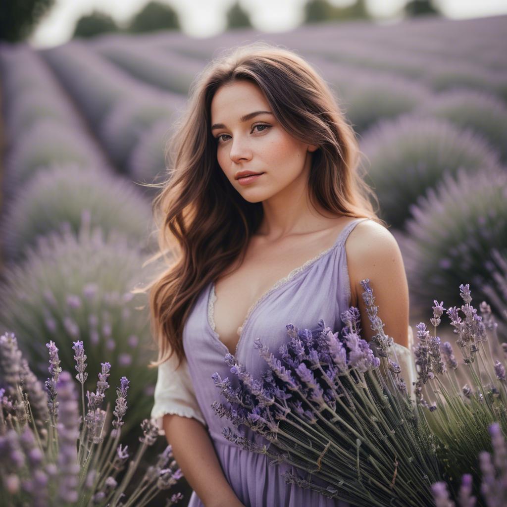 A stunning image of dreamy woman standing in a field of lavender.