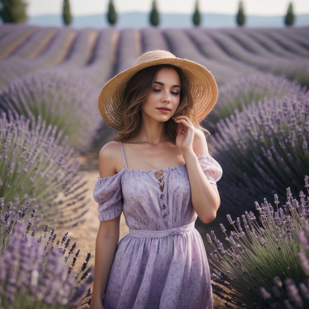 A stunning image of dreamy woman standing in a field of lavender.