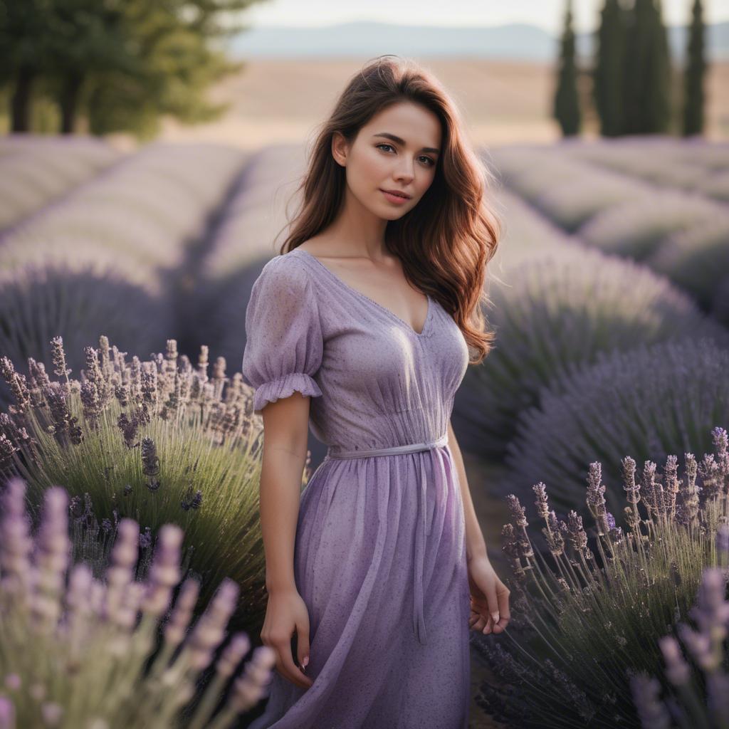 A stunning image of dreamy woman standing in a field of lavender.
