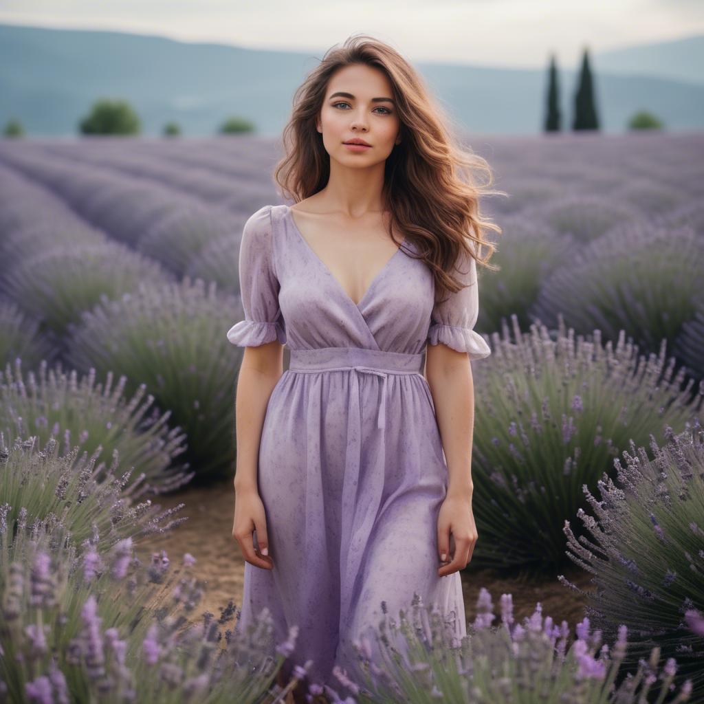 A stunning image of dreamy woman standing in a field of lavender.