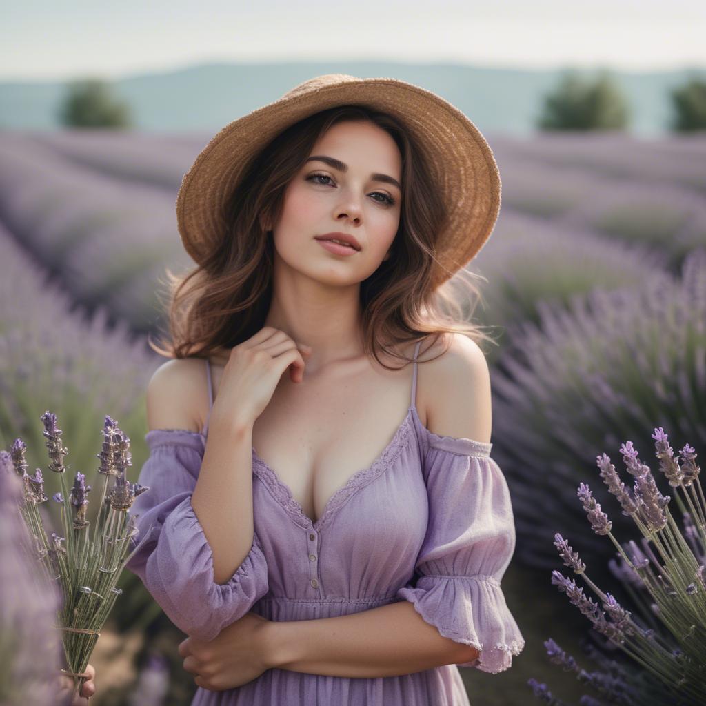 A stunning image of dreamy woman standing in a field of lavender.