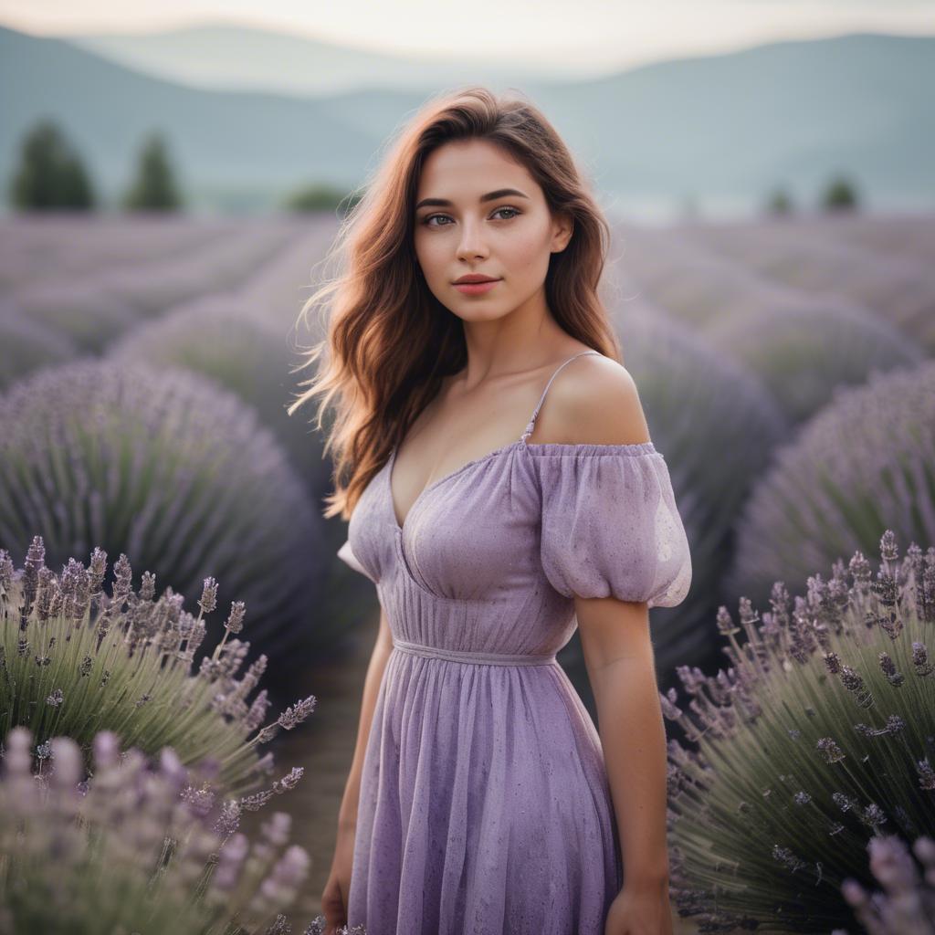 A stunning image of dreamy woman standing in a field of lavender.