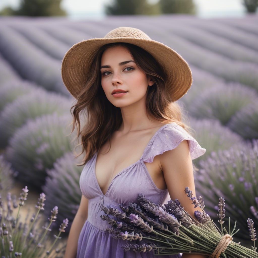 A stunning image of dreamy woman standing in a field of lavender.