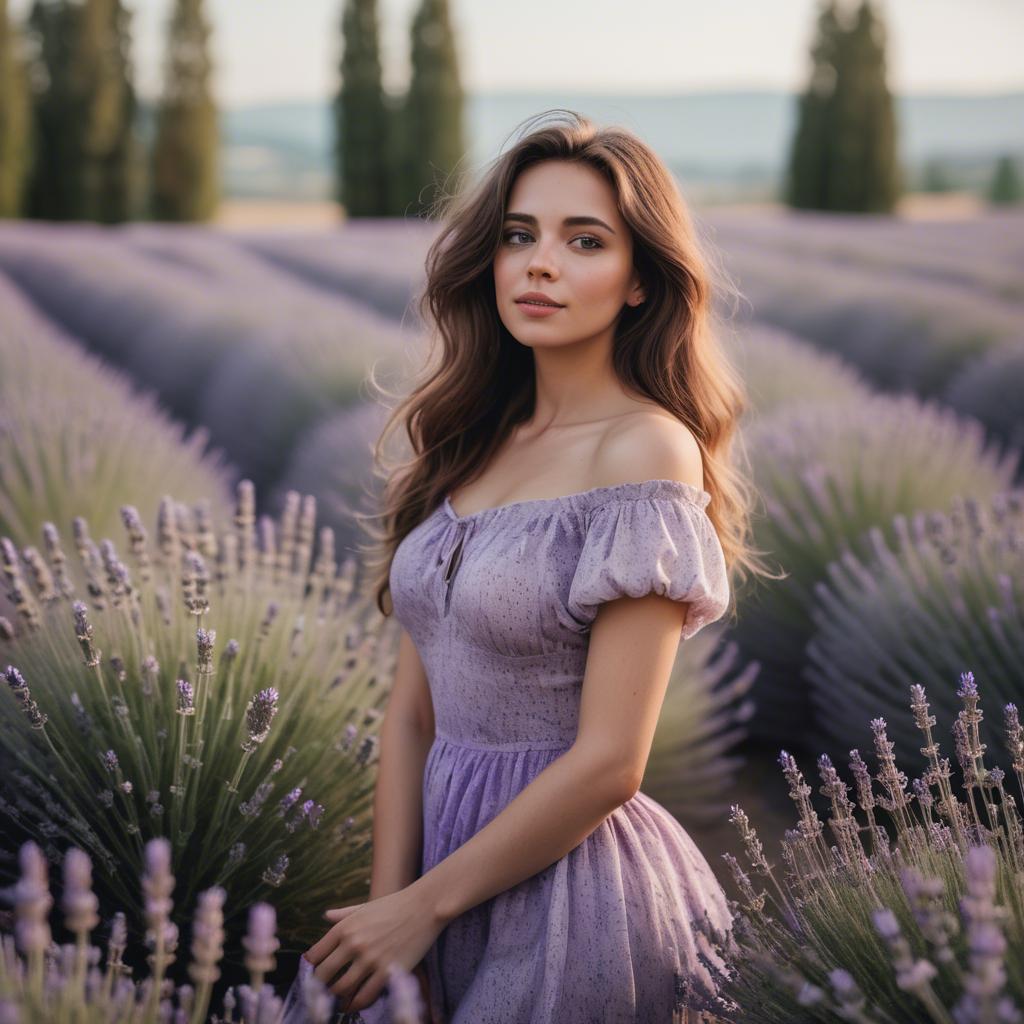 A stunning image of dreamy woman standing in a field of lavender.