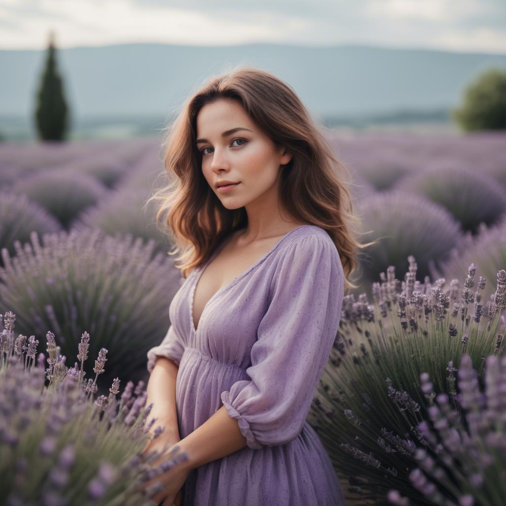 A stunning image of dreamy woman standing in a field of lavender.