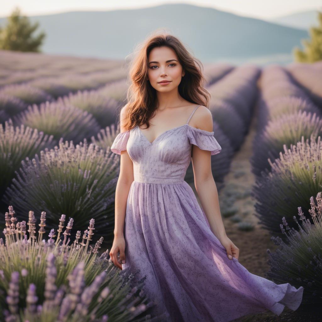 A stunning image of dreamy woman standing in a field of lavender.