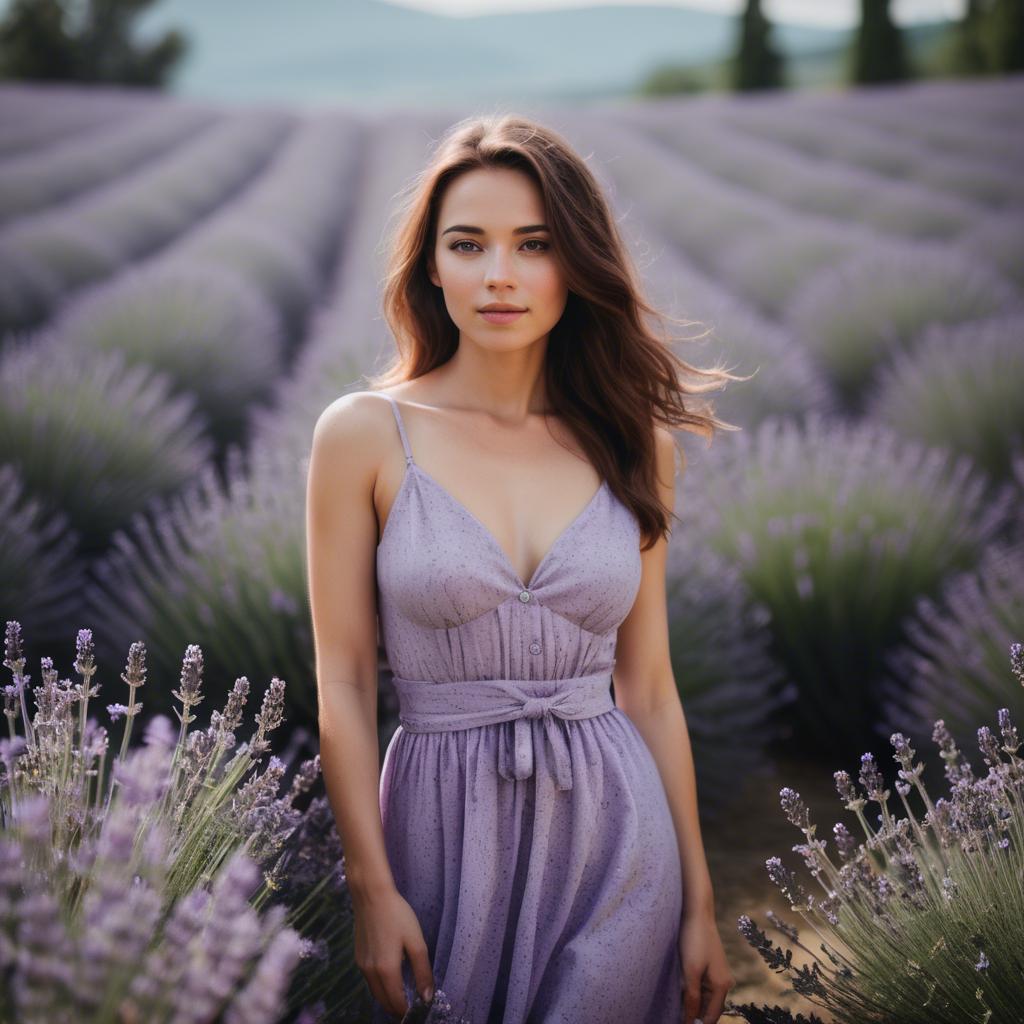 A stunning image of dreamy woman standing in a field of lavender.