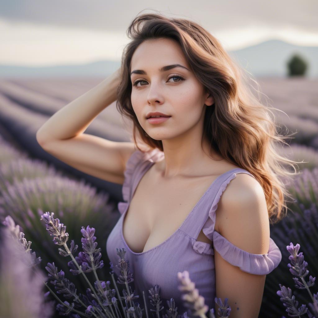 A stunning image of dreamy woman standing in a field of lavender.