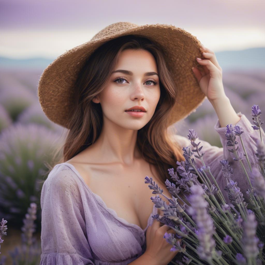 A stunning image of dreamy woman standing in a field of lavender.