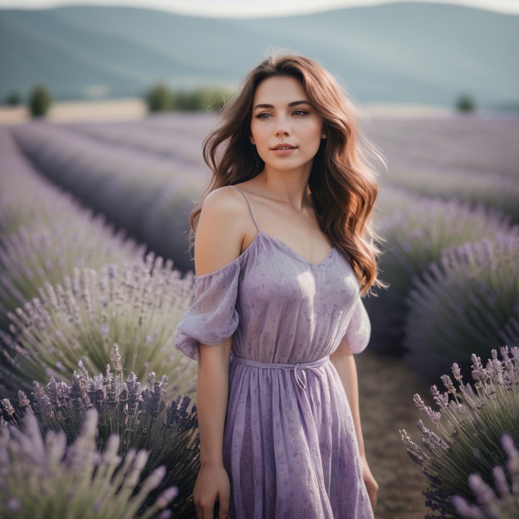 A stunning image of dreamy woman standing in a field of lavender.